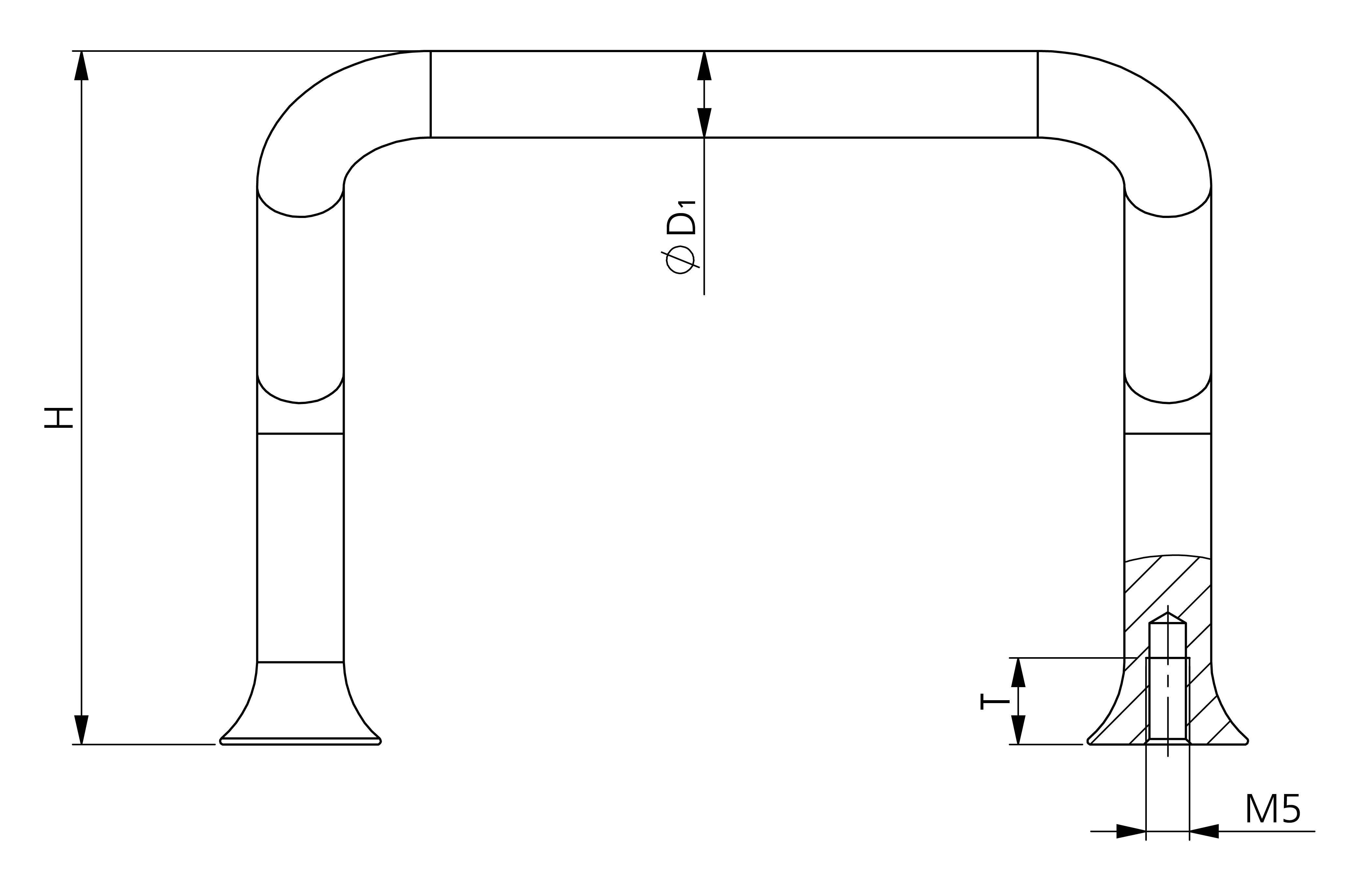 Silberfarbener trompetenförmiger Edelstahlgriff mit Schraublöchern auf schwarzem Hintergrund