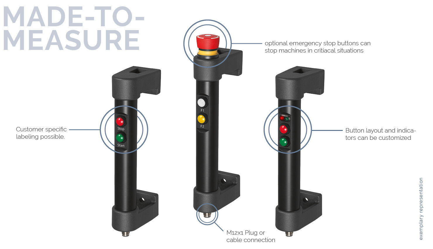 Three black switch housings with various buttons for automation and machinery control, showing different customizable button layouts and an optional emergency stop button.