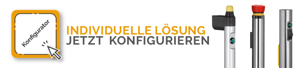 Banner mit dem Text "INDIVIDUELLE LÖSUNG JETZT KONFIGURIEREN" neben Symbol mit "Konfigurator" und drei industriellen Funktionsgriffen