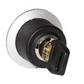 Close-up of TG4 key switch housing with black key inserted in the metal lock cylinder, silver and black circular aluminum housing