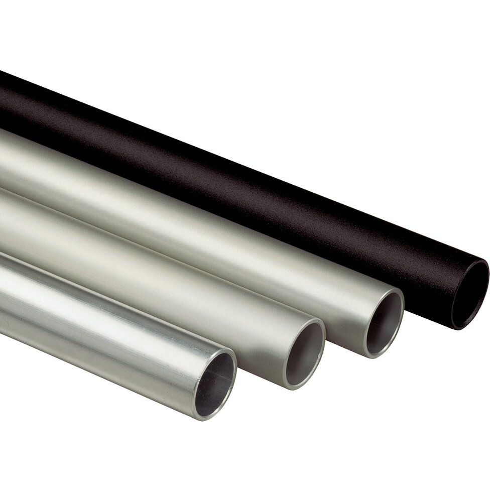 Four metal pipes of different diameters and finishes aligned on a white background
