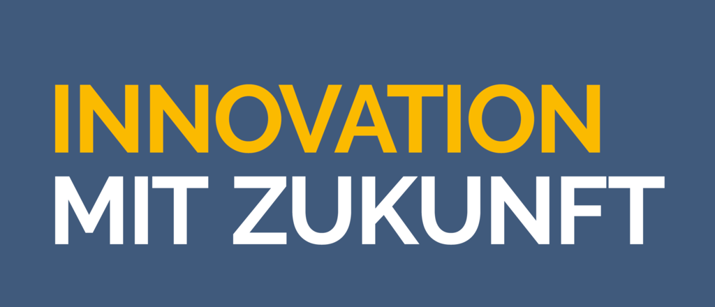 Text auf blauem Hintergrund mit den Worten 'INNOVATION MIT ZUKUNFT' in gelber und weißer Schrift