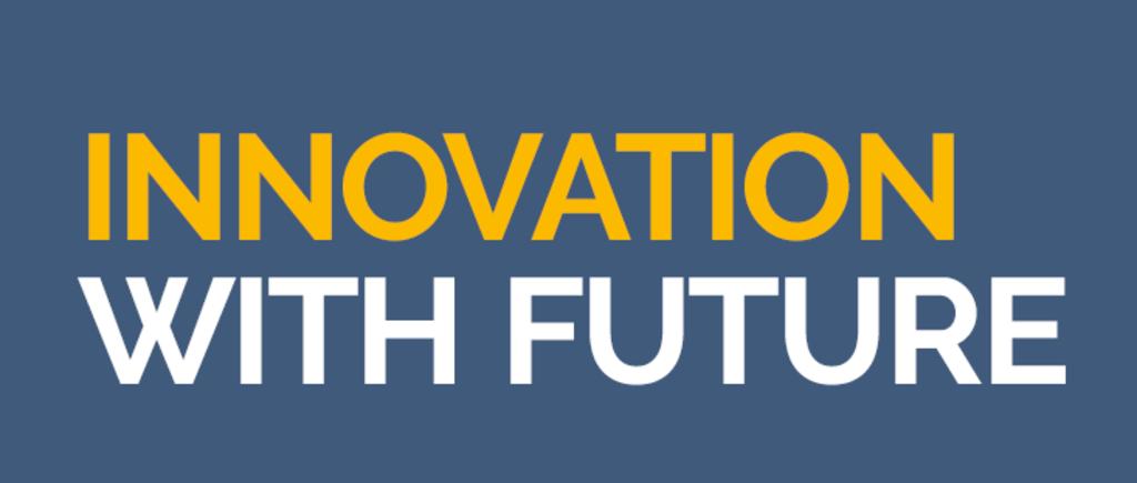 Text image with the phrase 'INNOVATION WITH FUTURE' on a dark blue background, with 'INNOVATION' in orange and 'WITH FUTURE' in white.