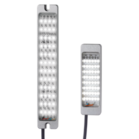 Two rectangular aluminum indicator lights with multiple white LEDs, connected by black cables, against a white background