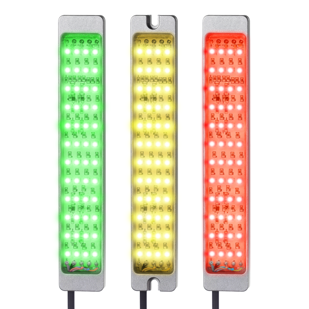 Three vertical rectangular SL1 indicator lights with green, yellow, and red illumination, showing LED circuits inside aluminum housings with connection cables at the bottom