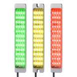 Three vertical rectangular SL1 indicator lights with green, yellow, and red illumination, showing LED circuits inside aluminum housings with connection cables at the bottom
