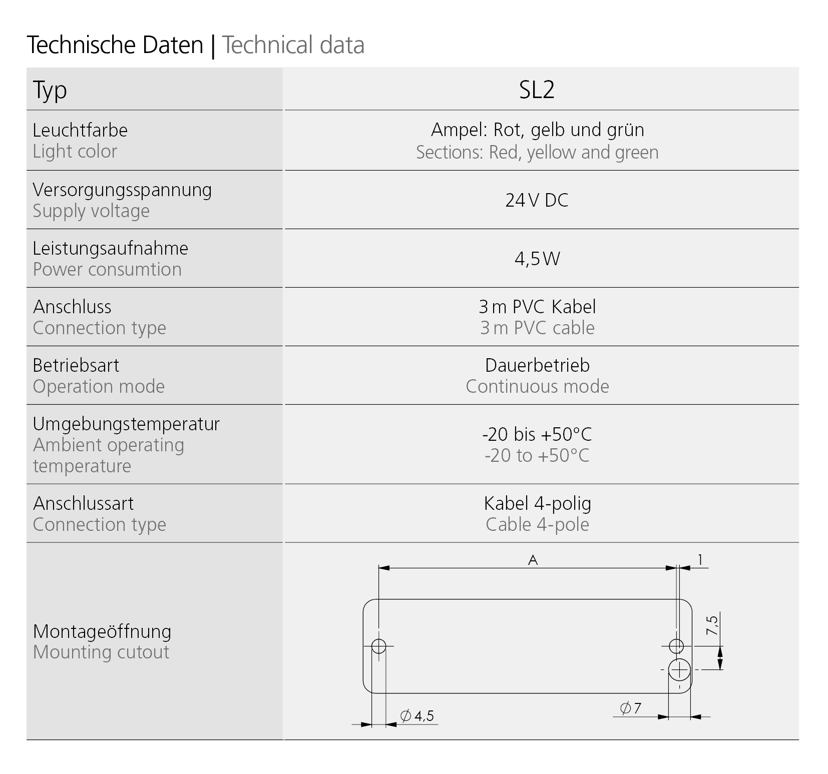 Technical data sheet containing specifications and mounting diagram for the SL2 product with details in German and English.
