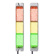 Two rectangular SL2 indicator lights with aluminum housing, each showing three illuminated LED segments in red, yellow, and green, mounted vertically with connection cables at the bottom.