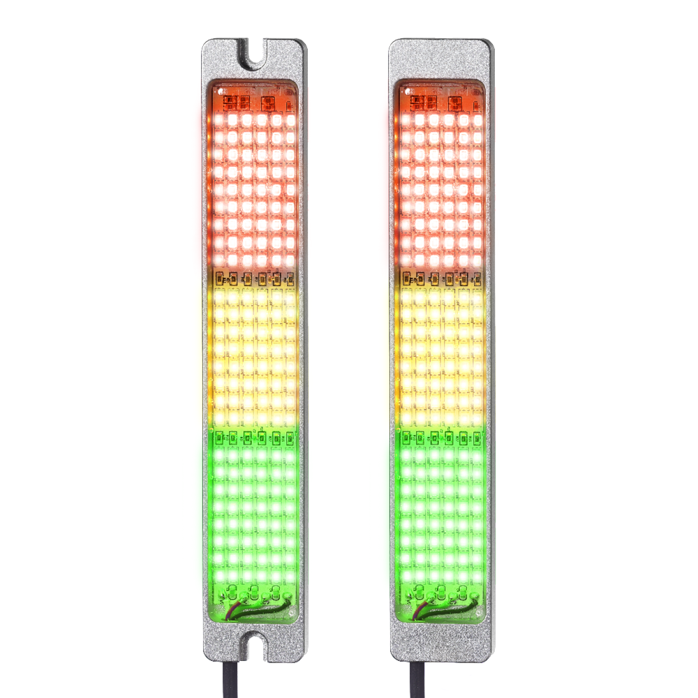 Two rectangular SL2 indicator lights with aluminum housing, each showing three illuminated LED segments in red, yellow, and green, mounted vertically with connection cables at the bottom.