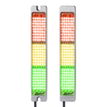 Two rectangular SL2 indicator lights with aluminum housing, each showing three illuminated LED segments in red, yellow, and green, mounted vertically with connection cables at the bottom.