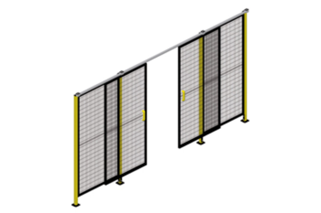 Two sliding metal mesh panels installed on yellow frames with base supports, forming an industrial safety barrier system.