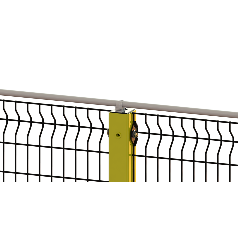 Nahaufnahme eines Zaunfelds aus Punktschweißgitter mit 4mm Drahtstärke und stabilisierendem gelben Pfosten mit verstellbarer Schraube und Kabelführung