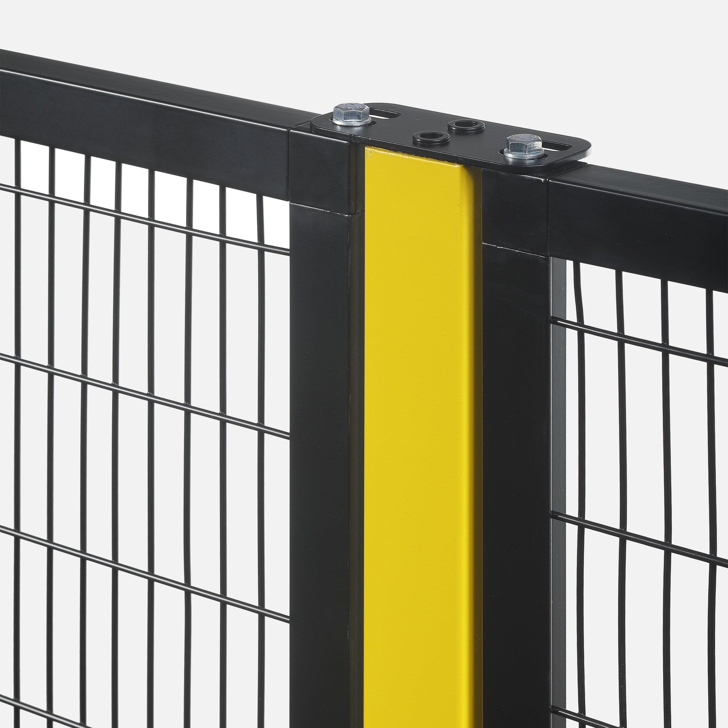 Close-up image of a black metal safety fence panel attached to a yellow vertical post with a black metal bracket and bolts