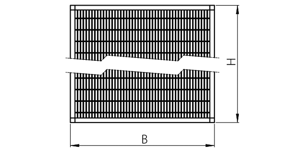 Technical drawing of a rectangular Zaunfeld safety fence panel showing wire mesh within a frame, dimensions marked as height (H) and width (B).