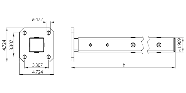 Technische Zeichnung eines Pfostens mit quadratischer Basisplatte inklusive Maßangaben