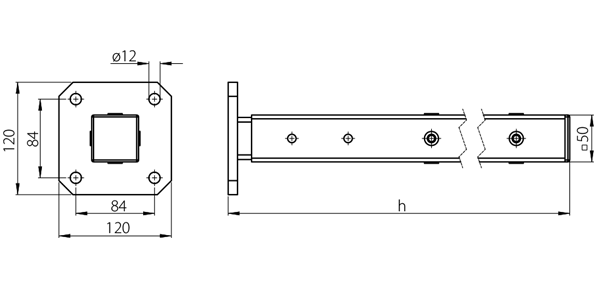 Technische Zeichnung eines Zaunpfostens mit Basisplatte und Maßen, Größe 120x120 mm, Bohrungsdurchmesser 12 mm, Pfostenbreite 50 mm