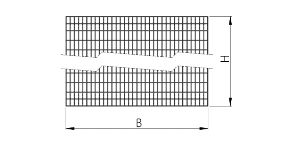 Technische Zeichnung eines rechteckigen Zaunfelds mit Gitterstruktur und gekennzeichneten Abmessungen Höhe (H) und Breite (B)