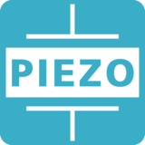 A blue square with rounded corners containing the word 'PIEZO' in white uppercase letters inside a white rectangular outline, with vertical white lines above and below the rectangle.
