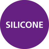 Circular purple badge with the word 'SILICONE' in white uppercase letters