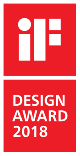 Red square with white abstract geometric logo on top and the text 'DESIGN AWARD 2018' in white on red background below