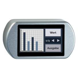 Digital control unit with touch screen showing bar graph and control buttons in an aluminum housing with rounded edges.