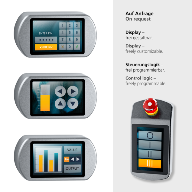 Vier digitale Bediengeräte mit Aluminiumgehäusen, drei horizontal mit variablen Touchscreen-Displays und eine vertikal mit rotem Notausschalter, zur Maschinensteuerung