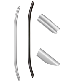 Two aluminum bow-type handles, one black and one silver, alongside two silver aluminum profile end pieces, displayed on a white background.