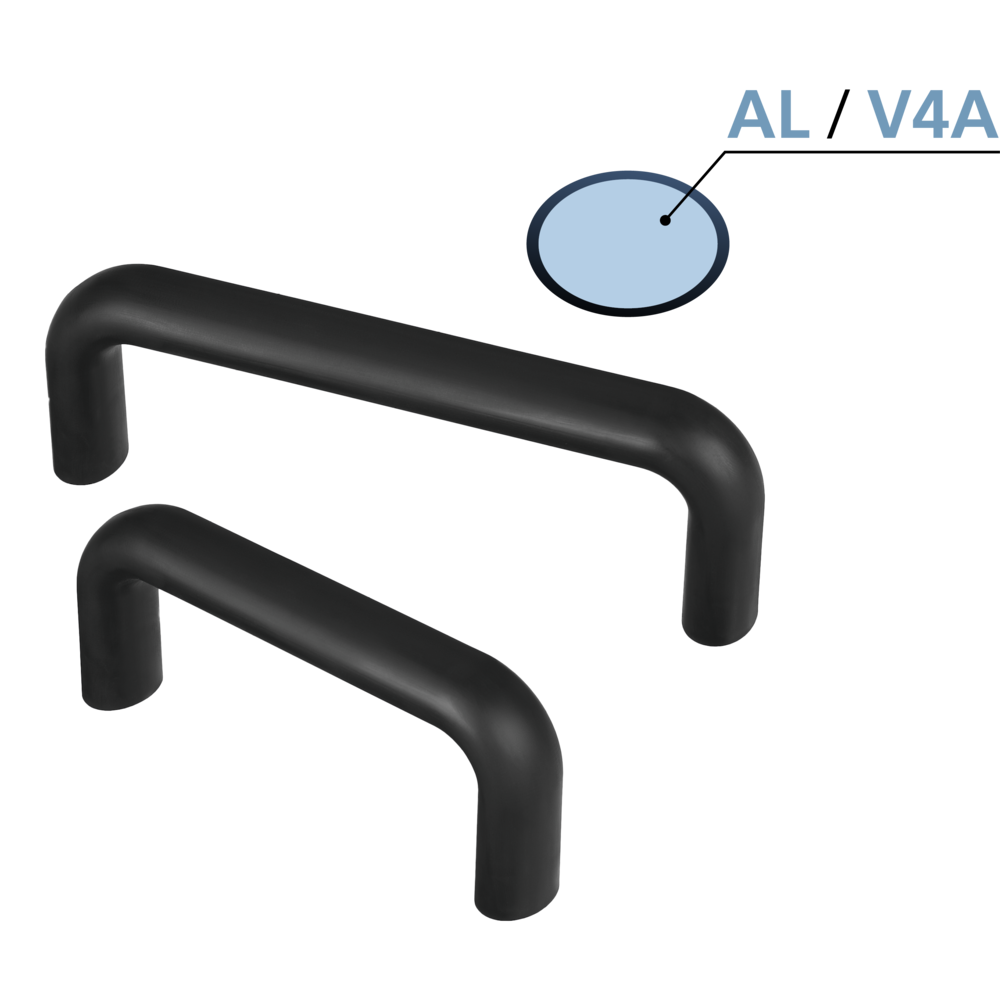 Two black bow-type aluminium handles with soft plastic coating and a detailed inset showing the aluminum or stainless steel core