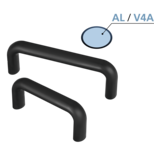 Two black bow-type aluminium handles with soft plastic coating and a detailed inset showing the aluminum or stainless steel core