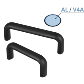 Two black bow-type aluminium handles with soft plastic coating and a detailed inset showing the aluminum or stainless steel core
