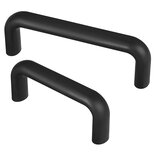 Two black aluminium bow-type handles with soft plastic coating on a white background
