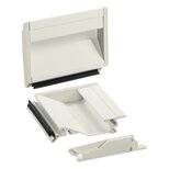 Exploded view of a light grey aluminium tray handle with plastic end caps and black rubber profiles, showing internal and side components.