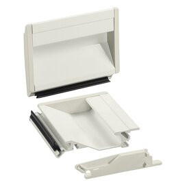 Exploded view of a light grey aluminium tray handle with plastic end caps and black rubber profiles, showing internal and side components.