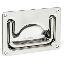 Collapsible U-shaped stainless steel handle mounted on a rectangular metal plate with four screw holes, labeled with the brand Rohde.