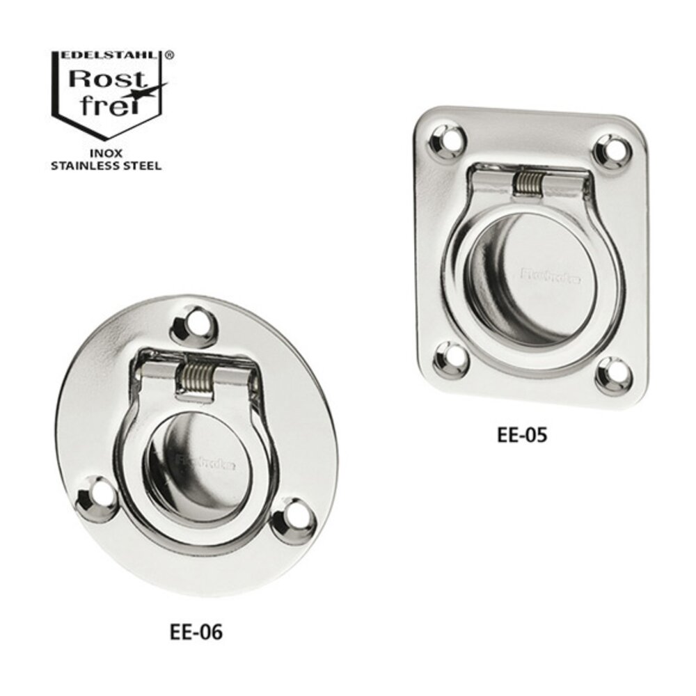 Two collapsible stainless steel handles EE-05 (square with four mounting holes) and EE-06 (round with three mounting holes) with pull-back spring mechanism and high gloss electropolished surface