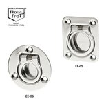 Two collapsible stainless steel handles EE-05 (square with four mounting holes) and EE-06 (round with three mounting holes) with pull-back spring mechanism and high gloss electropolished surface