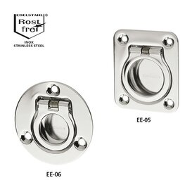 Two collapsible stainless steel handles EE-05 (square with four mounting holes) and EE-06 (round with three mounting holes) with pull-back spring mechanism and high gloss electropolished surface