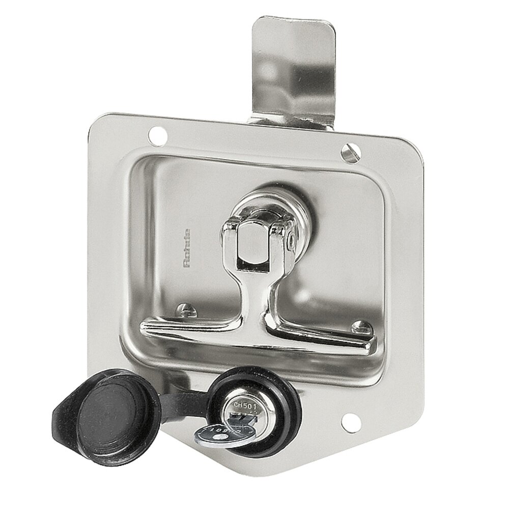 Collapsible stainless steel handle with recessed mounting plate and integrated key lock on white background