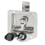 Collapsible stainless steel handle with recessed mounting plate and integrated key lock on white background