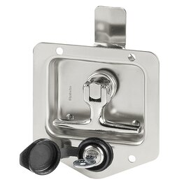Collapsible stainless steel handle with recessed mounting plate and integrated key lock on white background