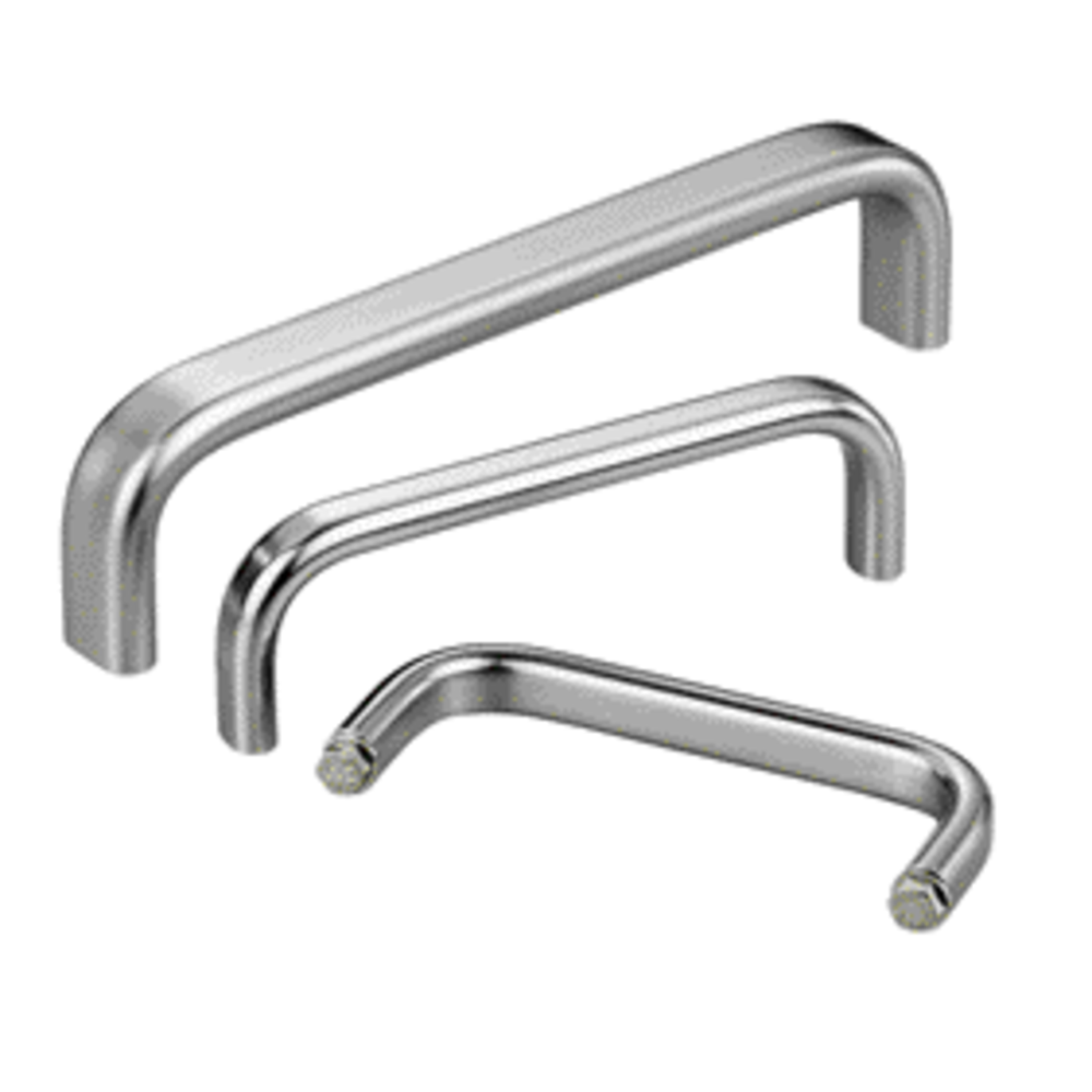 Three stainless steel U-shaped handles of different sizes with smooth rounded edges and screws on a white background