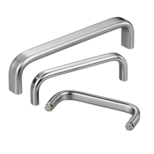 Three stainless steel U-shaped handles of different sizes with smooth rounded edges and screws on a white background