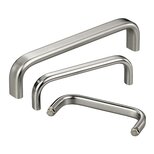Three stainless steel handles with different surface finishes and sizes arranged side by side on a white background, including one with hexagonal head screws at the ends.