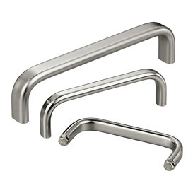 Three stainless steel handles with different surface finishes and sizes arranged side by side on a white background, including one with hexagonal head screws at the ends.