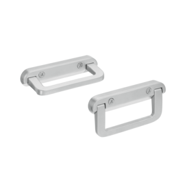 Two stainless steel hinged handles with rectangular shapes mounted on flat plates with screws, shown on a white background.