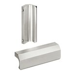Two profiled stainless steel handles with mounting holes and half-matt surface finish placed on a white background