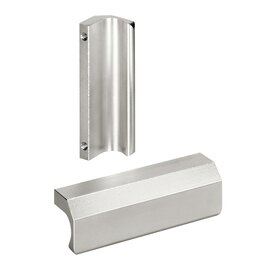 Two profiled stainless steel handles with mounting holes and half-matt surface finish placed on a white background