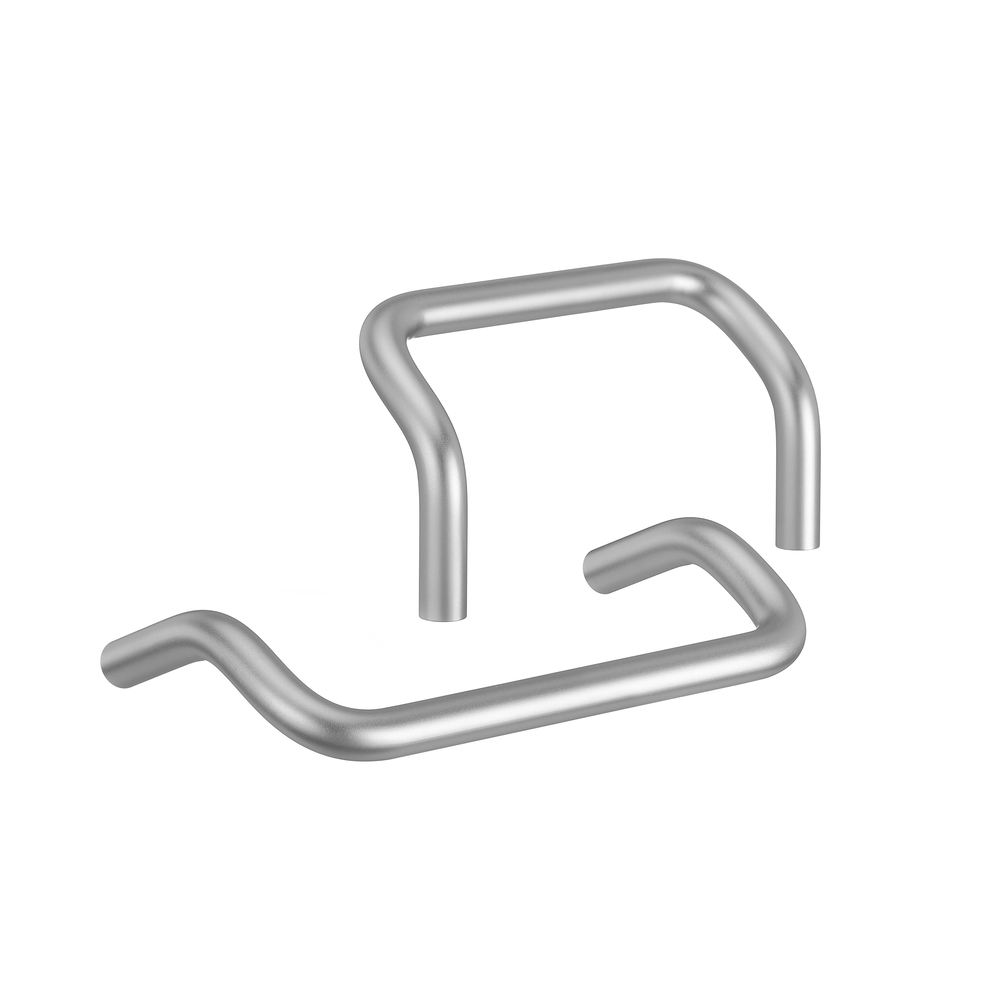 Two rounded rectangular stainless steel handles with a smooth half-matt finish on a white background