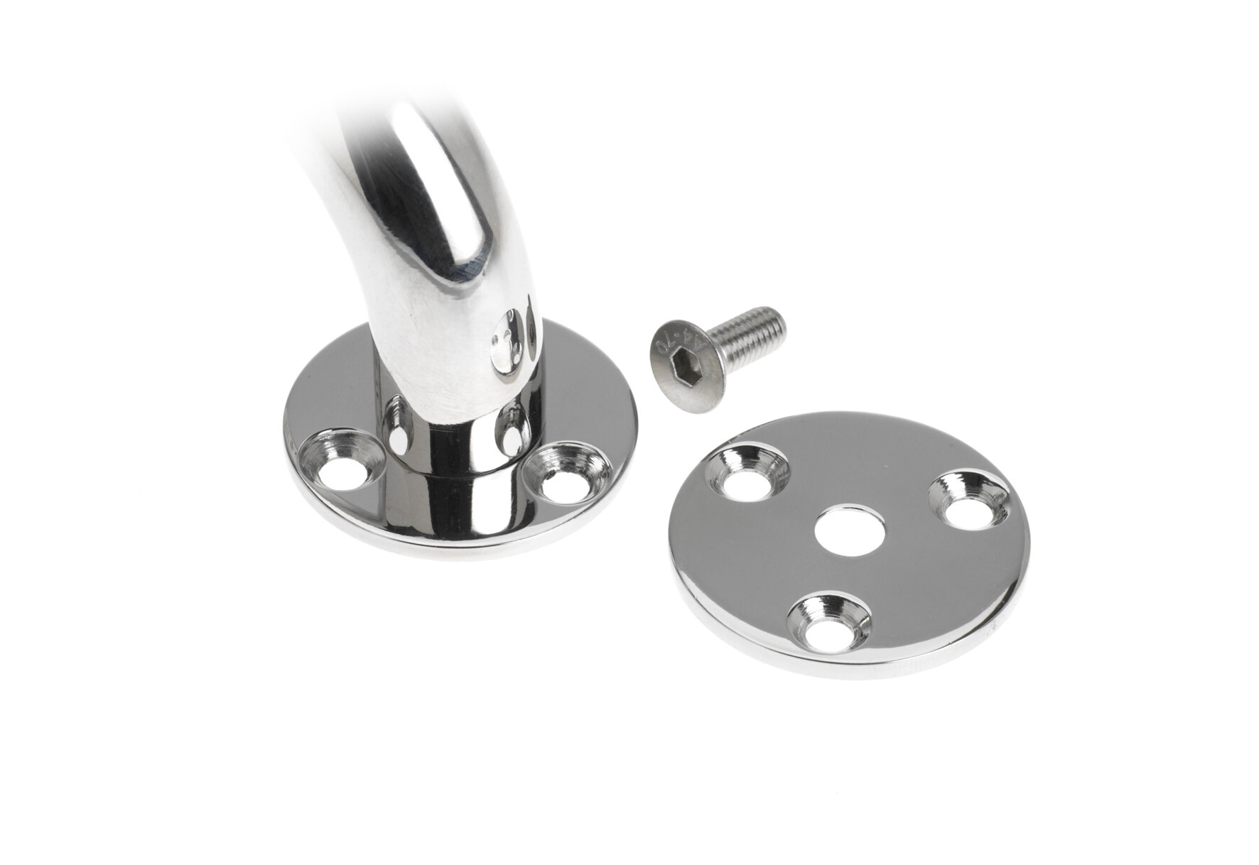 Polished stainless steel handle base with circular mounting plates and a hex socket screw on white background