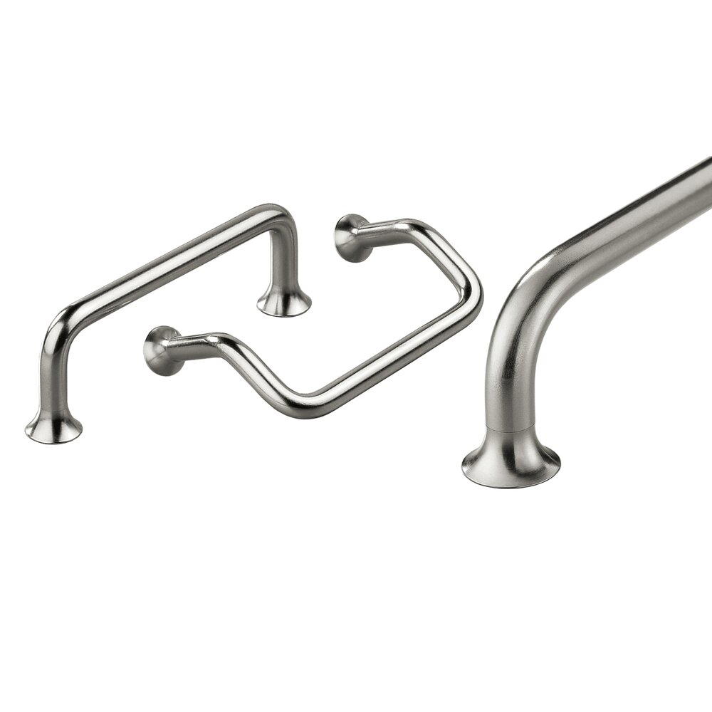Three stainless steel handles of different shapes with trumpet-style feet and half-matt finish